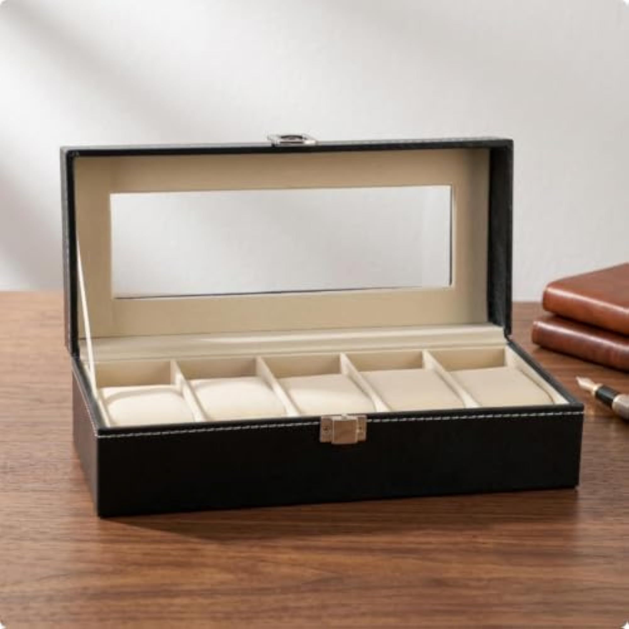 Leather Watch Box with Window, 5 Slots for Collectors